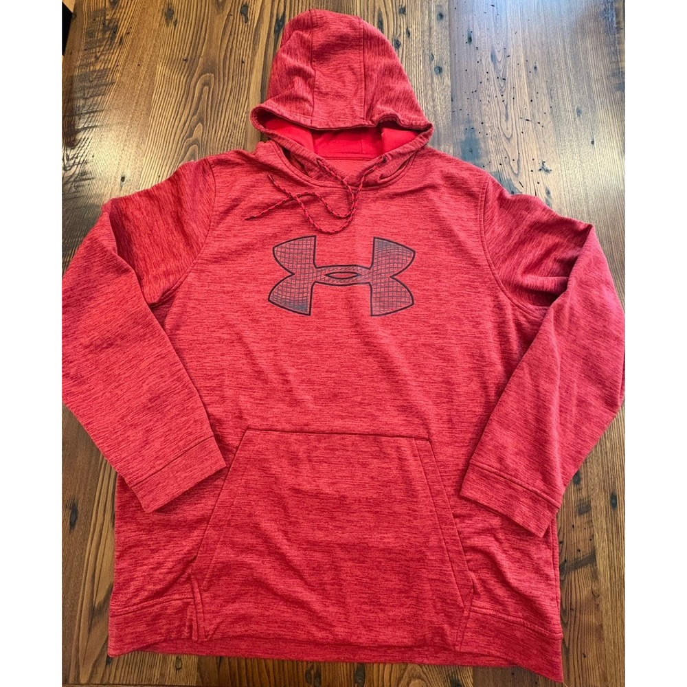 Under Armour Mens Coldgear Hoodie Red Fleece Lined Big Logo 1345714